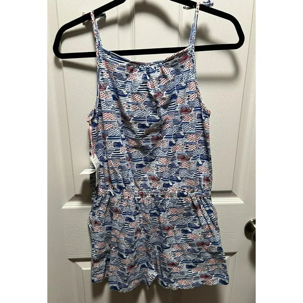 NEW Vineyard Vines | Blue Red White Stars &‎ Stripes Whales Romper Sz L/14